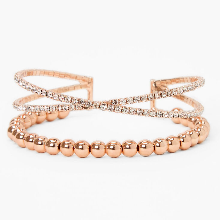 Rose Gold Criss Cross Rhinestone Beaded Cuff Bracelet,