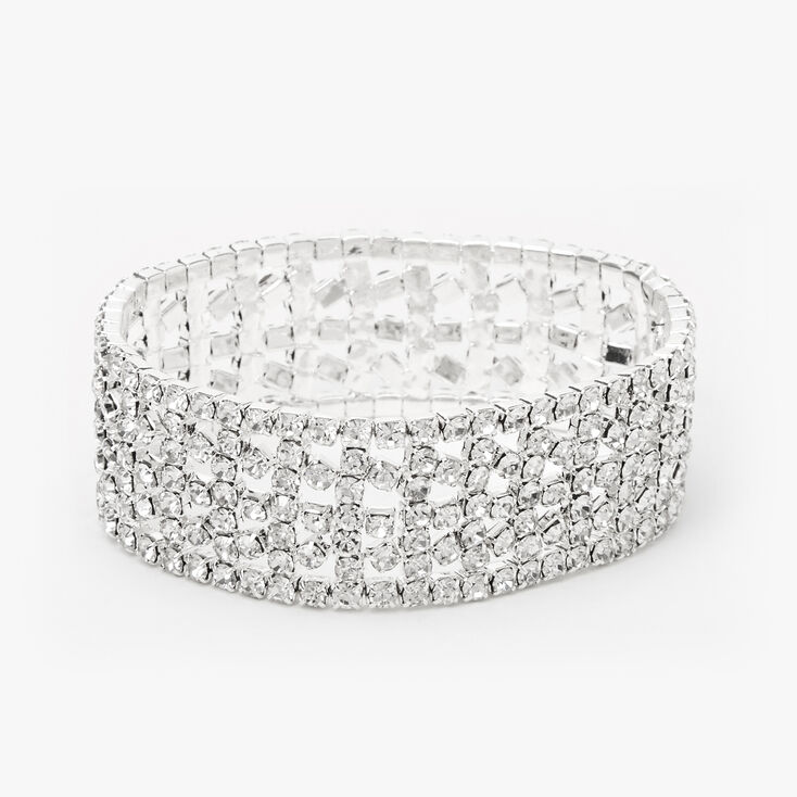 Silver Rhinestone Wide Cuff Stretch Bracelet,