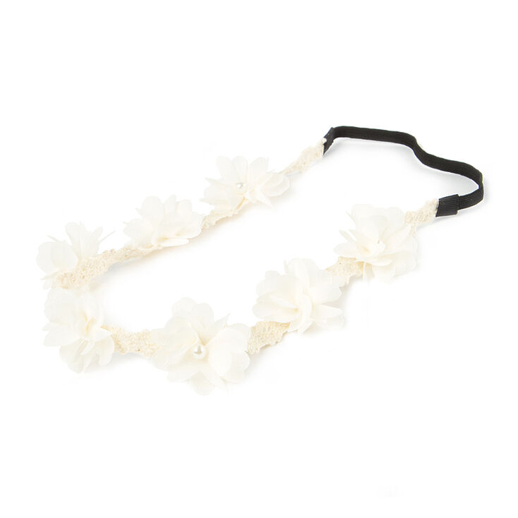 Ivory Thin Crochet Headwrap with Chiffon Flowers,