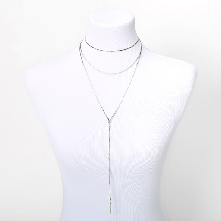 Silver Bar Pendant Multi Strand Snake Chain Necklace,