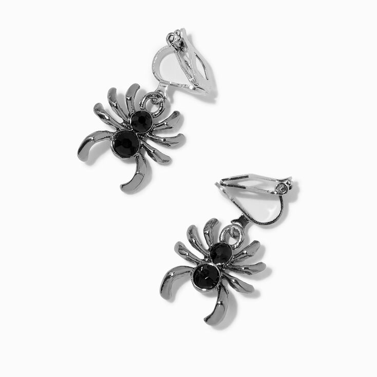 Black Gemstone Spider Clip-On Drop Earrings,