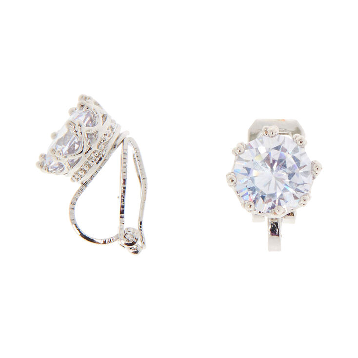 Silver Cubic Zirconia 8MM Round Clip On Stud Earrings,
