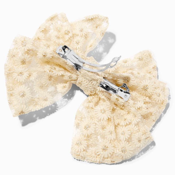 Embroidered Floral Large Hair Bow Clip - Ivory,