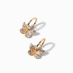 Gold Crystal Filigree Butterfly Clip-On Hoop Earrings,