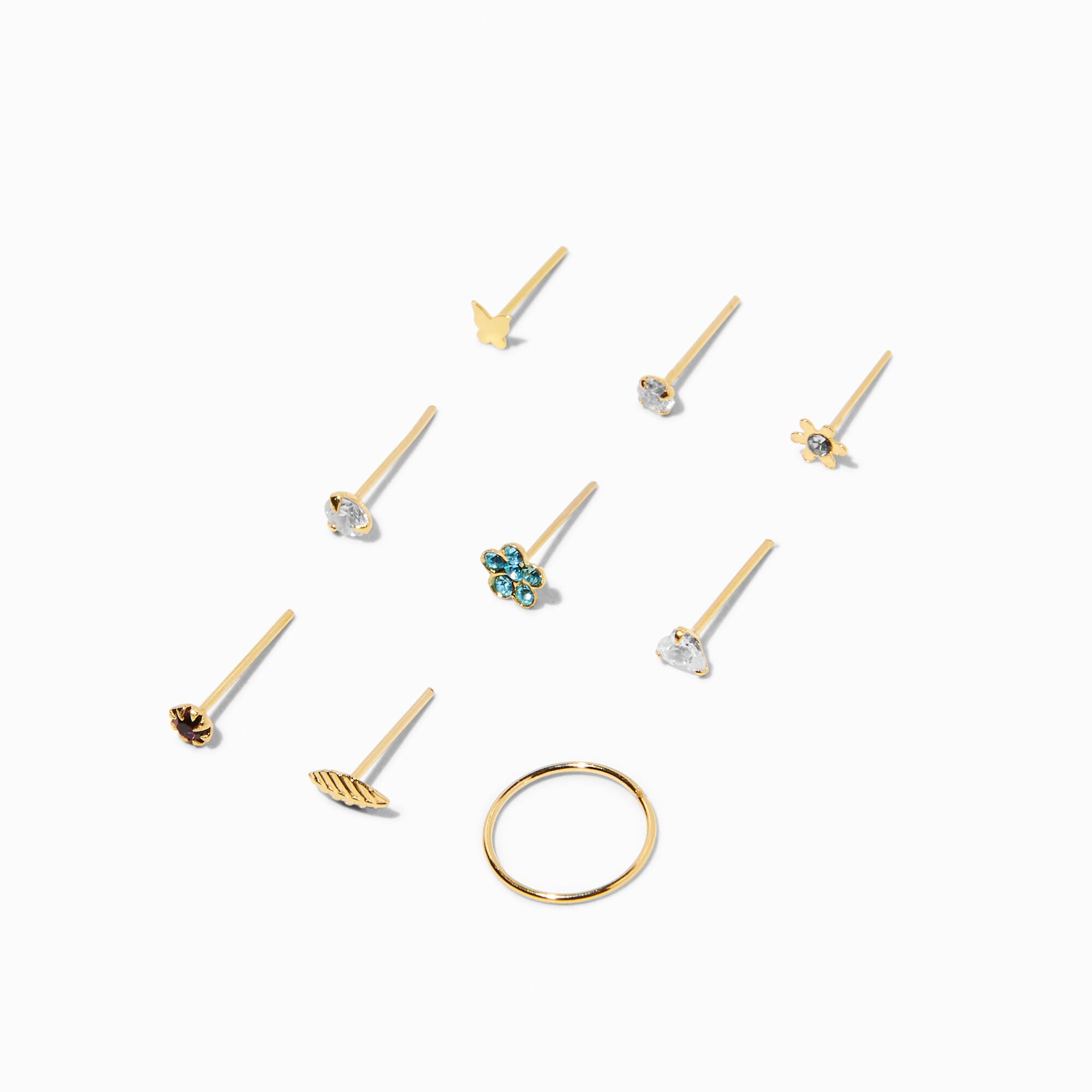 Gold Sterling Silver 22G Flower Nose Studs Hoop 9 Pack Icing US
