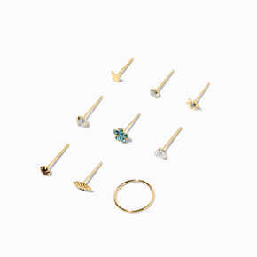 22G Gold-tone Sterling Silver Flower Nose Studs &amp; Hoop - 9 Pack,