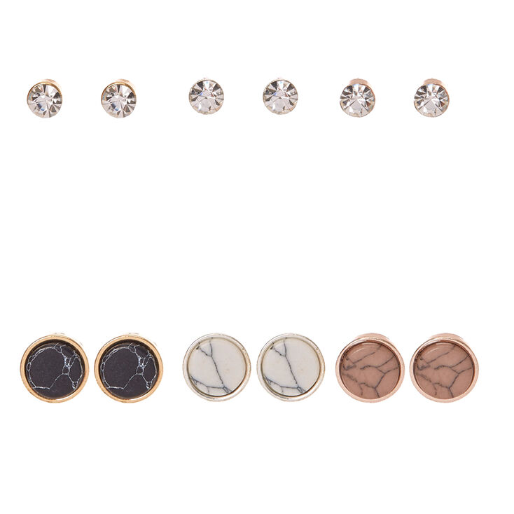 Round Marbled Stone & Clear Faux Crystal Stud Earrings,