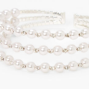 Silver Crystal Pearl Triple Row Cuff Bracelet,