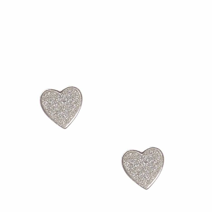 Silver Tone Glitter Heart Stud Earrings,