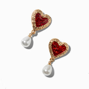 Red Heart Pearl 1&quot; Drop Earrings ,
