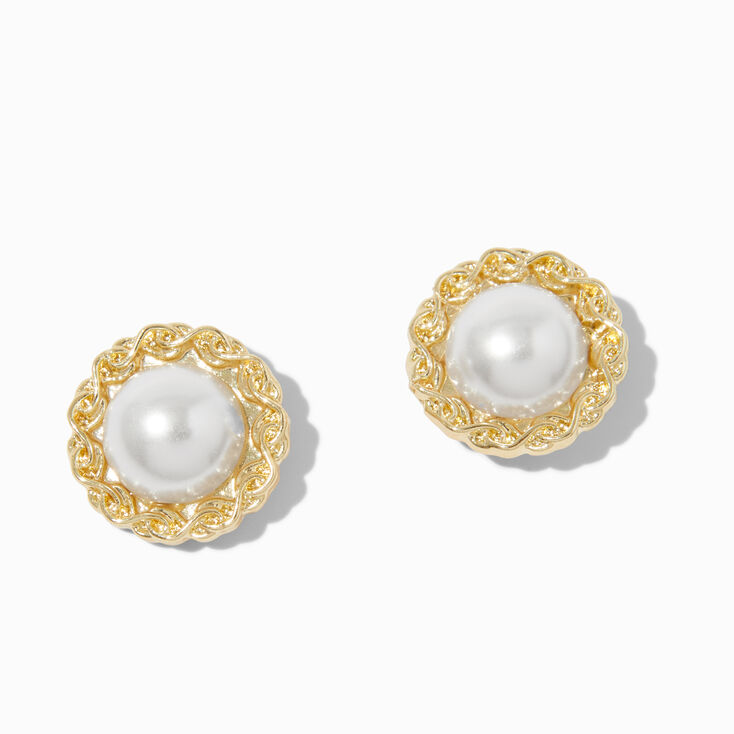 Braided Gold-tone Pearl Stud Earring ,