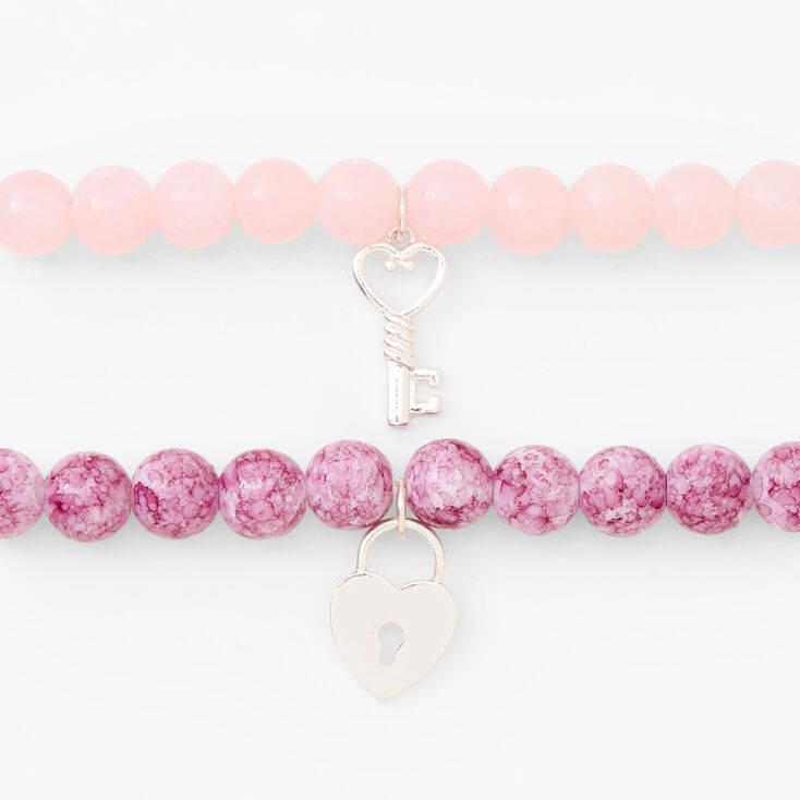 Silver Heart Lock &amp; Key Beaded Stretch Bracelet - Blush Pink, 2 Pack,