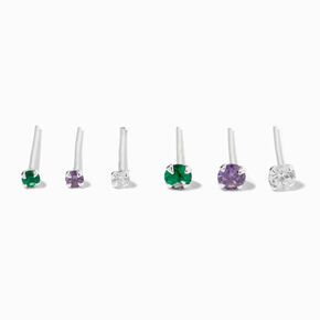 Sterling Silver 22G Jewel Tone Cubic Zirconia Nose Stud Set - 6 Pack,