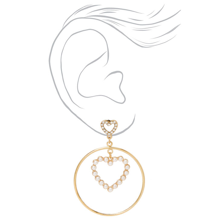 Gold Embellished Double Heart 2&quot; Drop Earrings,