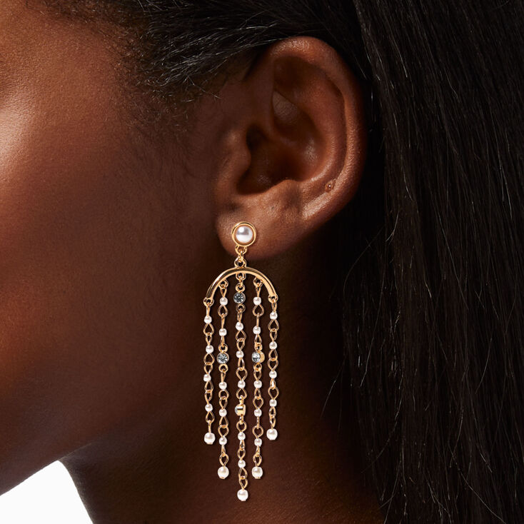 Gold Pearl Crystal Chandelier 3&quot; Drop Earrings,