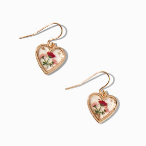 Gold-tone Pressed Flowers Heart 1&quot; Drop Earrings,