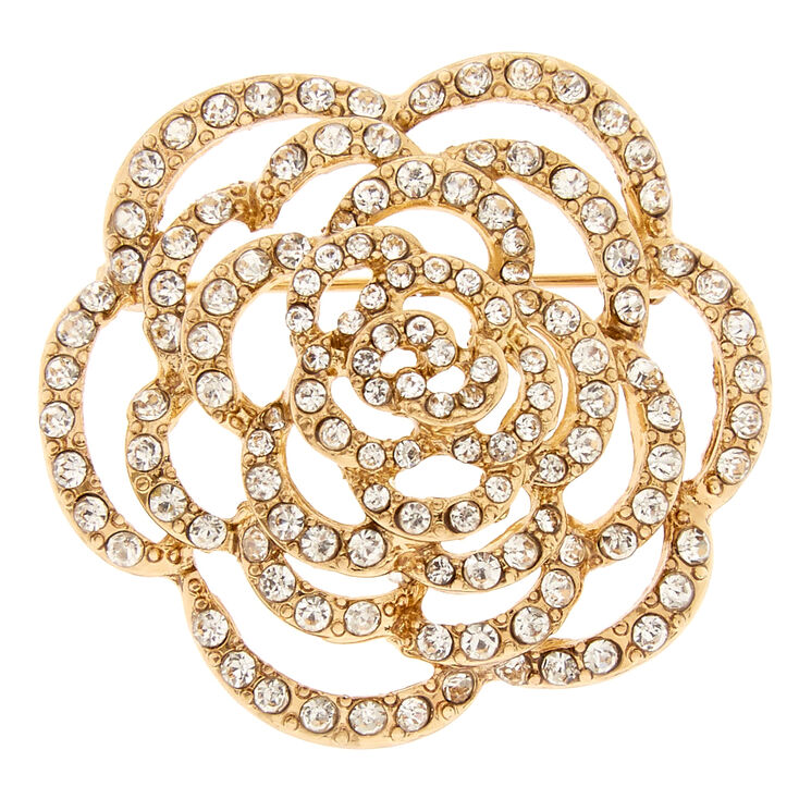 Gold Tone & Faux Crystal Rose Brooch Pin,