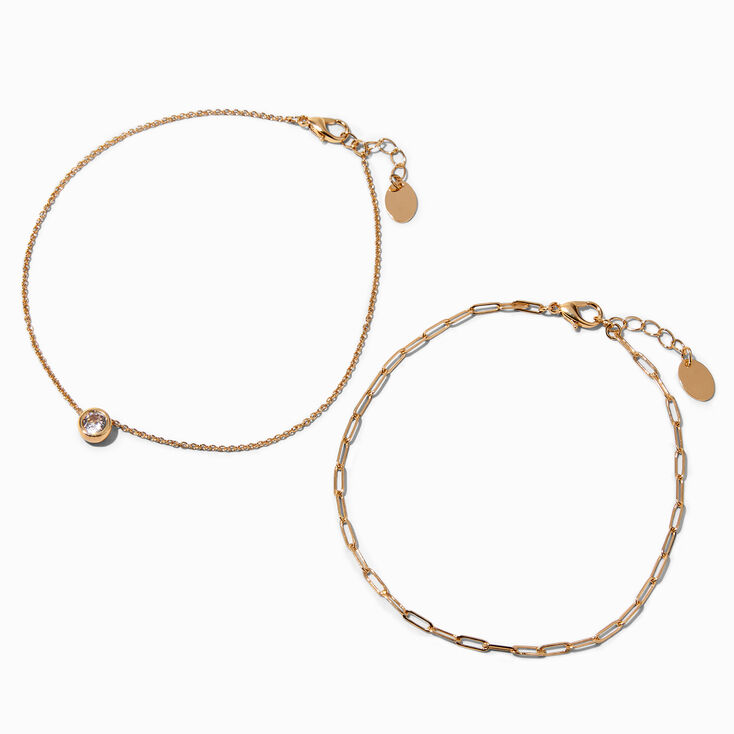 Gold Cubic Zirconia Bezel Pendant &amp; Paperclip Chain Anklets - 2 Pack,