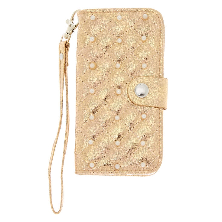 Quilted Faux Pearl Wristlet Folio Phone Case - Fits iPhone 6/7/8 Plus,