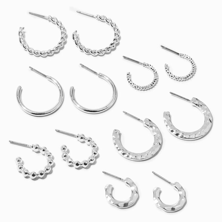 Silver Textured Huggie Hoops - 6 Pack,