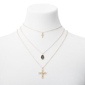 Gold Cross Trio Multi Strand Necklace,