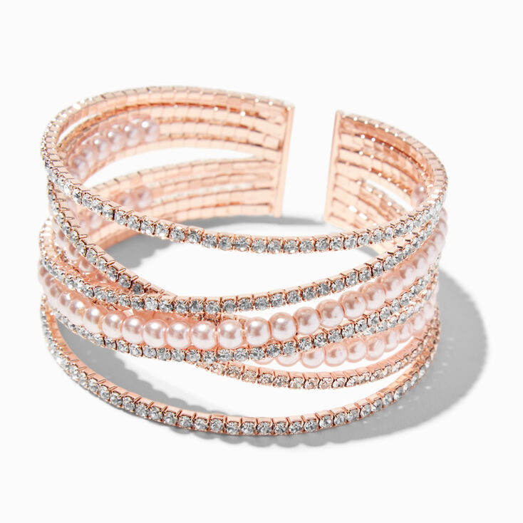 Rose Gold Rhinestone &amp; Pearl Statement Cuff Bracelet,