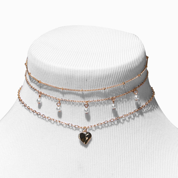 Gold &amp; Pearl Heart Chain Choker Necklaces - 3 Pack,
