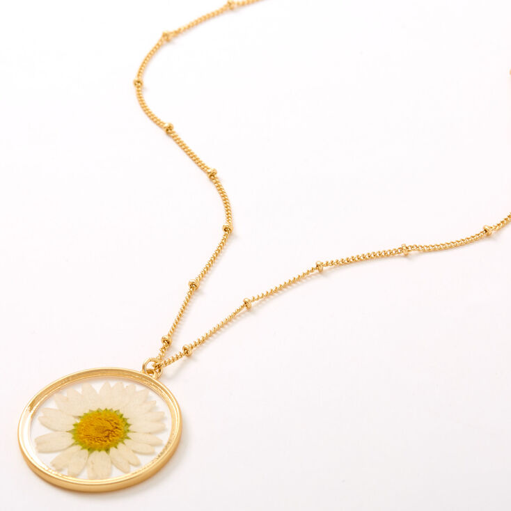 Gold Pressed Daisy Pendant Long Necklace,