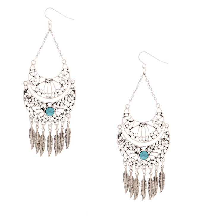 Silver 3.5" Western Feather Drop Earrings - Turquoise,