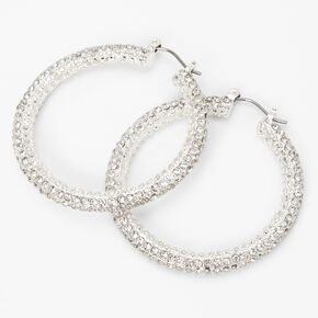 Silver 50MM Paved Crystal Hoop Earrings,