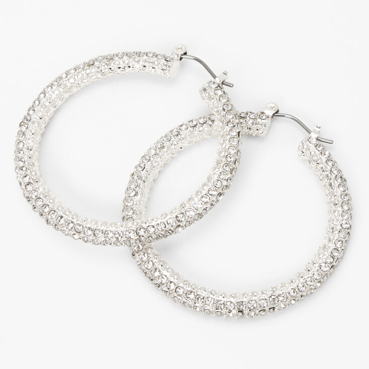 Silver 50MM Paved Crystal Hoop Earrings,