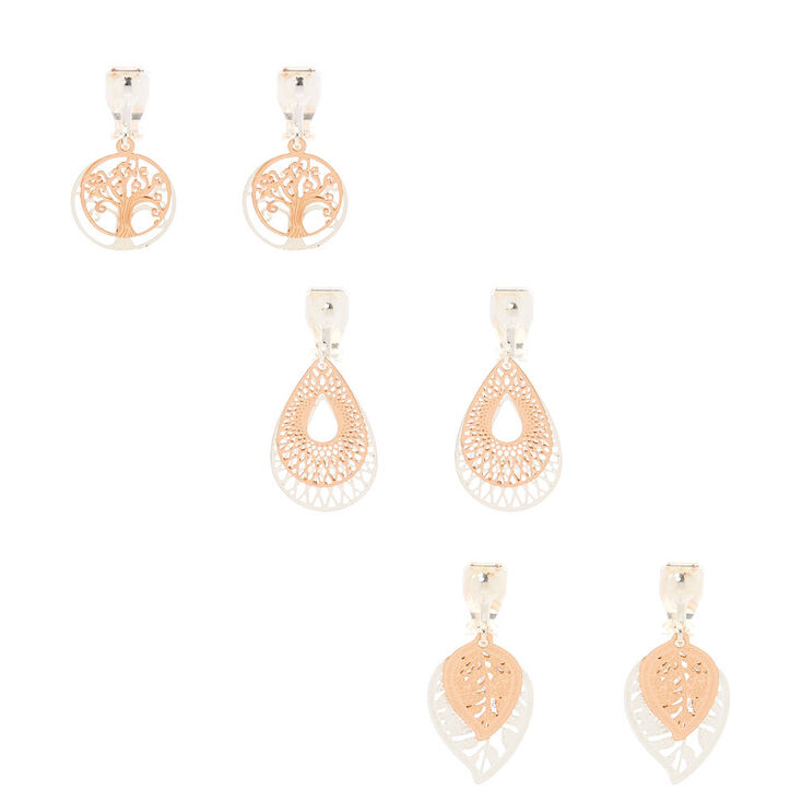 Mixed Metal Filigree Clip On Drop Earrings - 3 Pack,