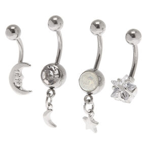 Silver Cubic Zirconia 14G Celestial Belly Rings - 4 Pack,