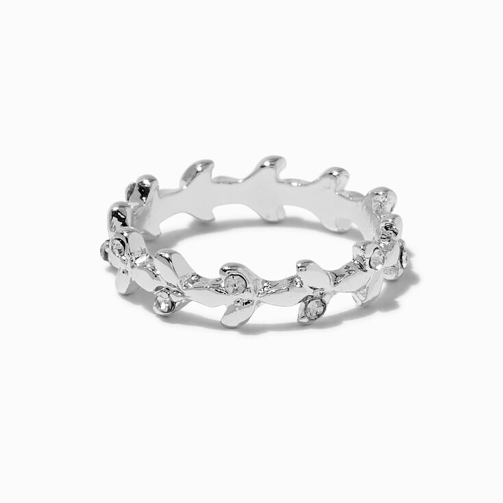 Silver-tone Crystal Leaf Ring,
