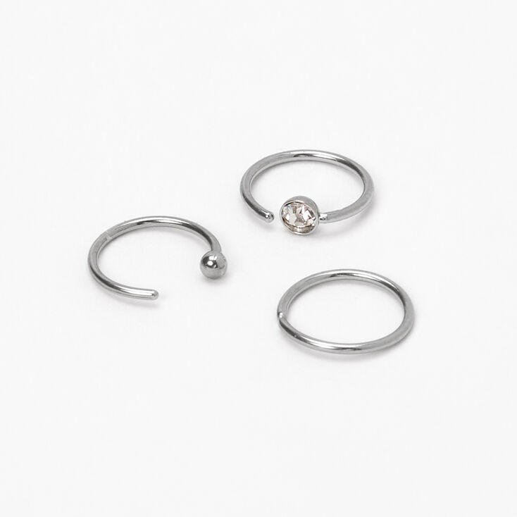 Silver 20G Assorted Crystal Ball Hoop Nose Rings - 3 Pack,