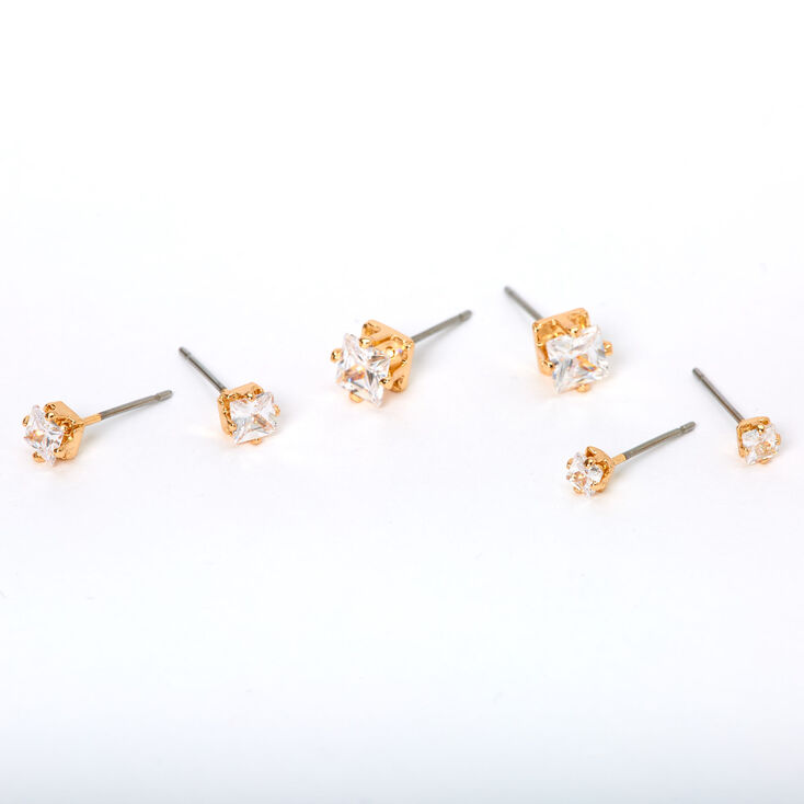 Gold Plated Cubic Zirconia 3MM, 4MM &amp; 5MM Square Stud Earrings - 3 Pack,