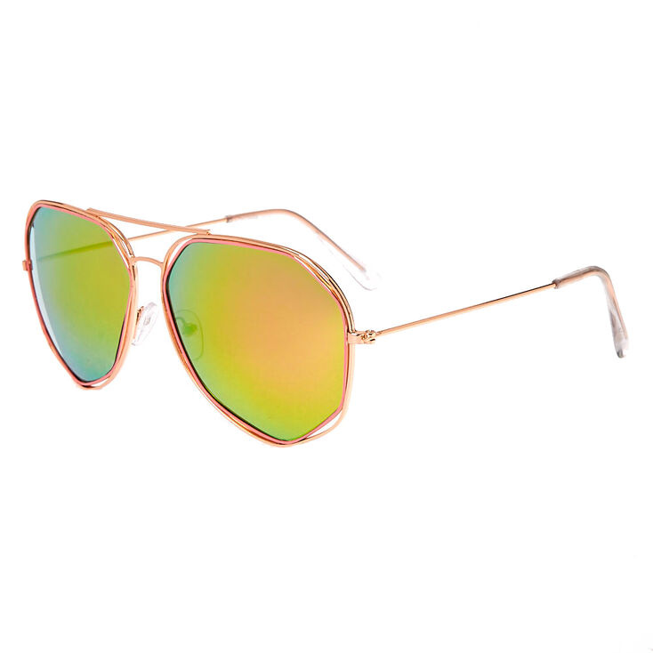 Rose Gold-Tone & Pink Aviator Sunglasses with Geometric Detail,