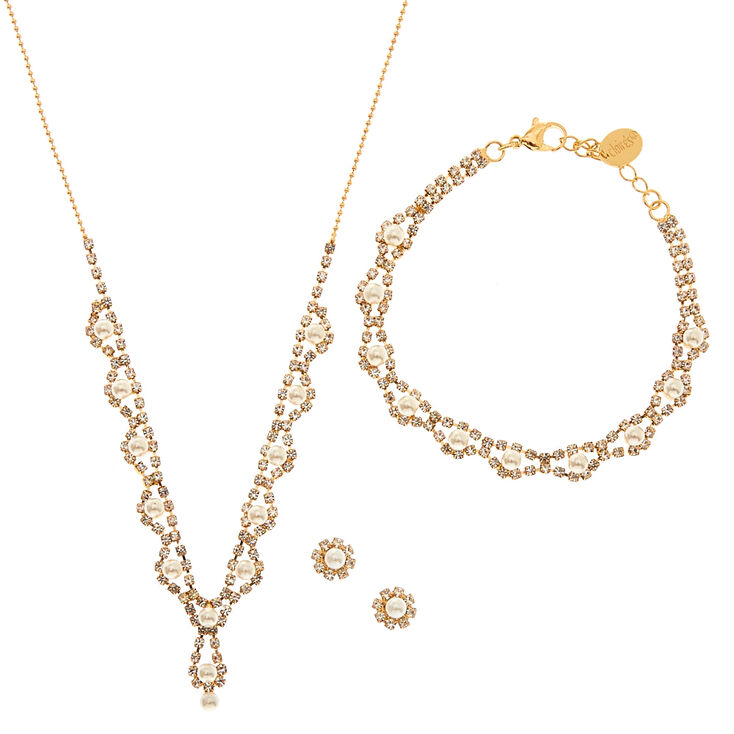Gold Pearl & Crystal Jewelry Set,