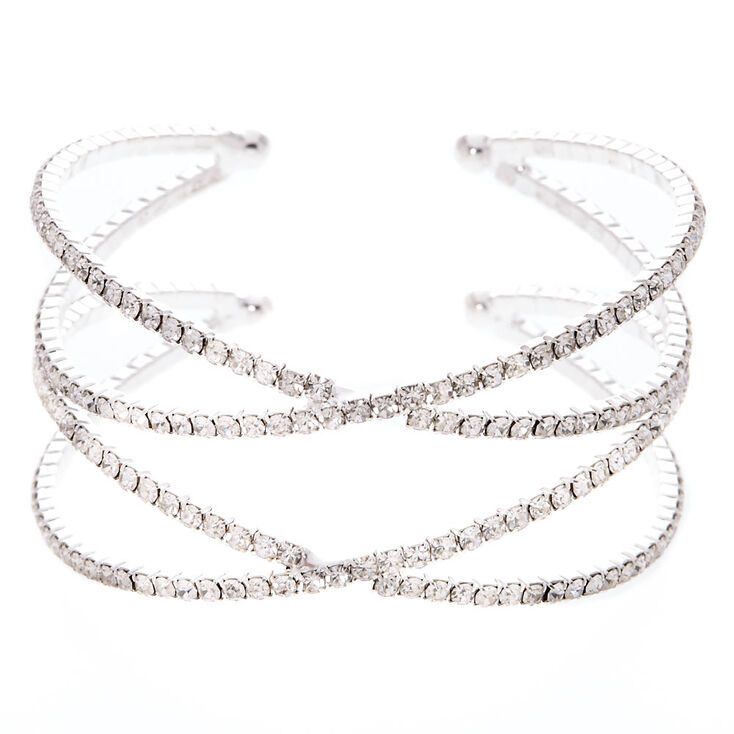 Silver Rhinestone Double Criss Cross Cuff Bracelet,