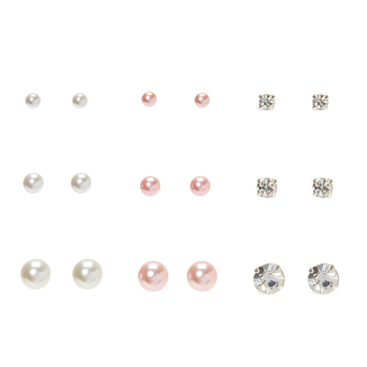 Silver Pearl Graduated Stud Earrings - 9 Pack,