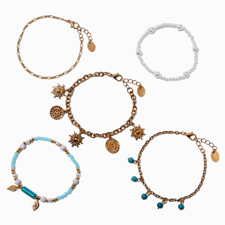 Turquoise &amp; Pearl Gold-tone Disc Bracelet Set - 5 Pack,