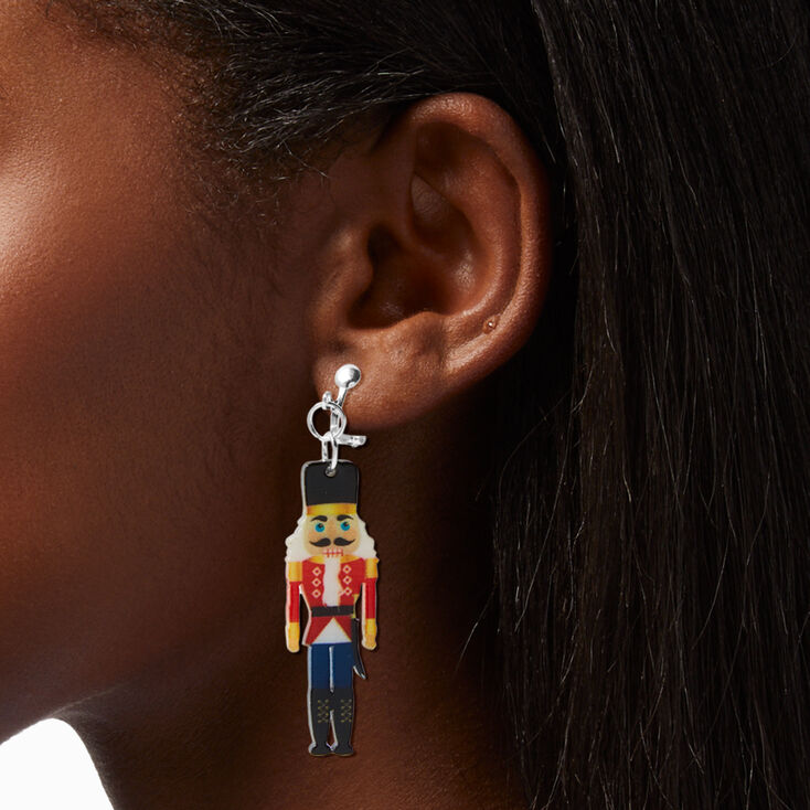Silver-tone Nutcracker 2&quot; Clip-On Drop Earrings,