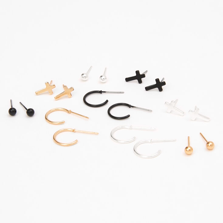 Mixed Metal Cross Stud &amp; Hoop Earrings - 9 Pack,
