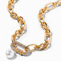 Gold Pav&eacute; Pearl Carabiner Figaro Chain Necklace,