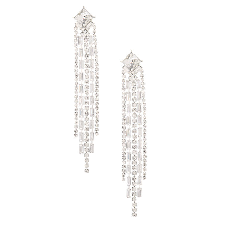 Silver Rhinestone 3.5" Art Deco Linear Drop Earrings,