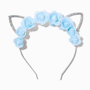 Blue Flower Iridescent Crystal Cat Ears Headband,