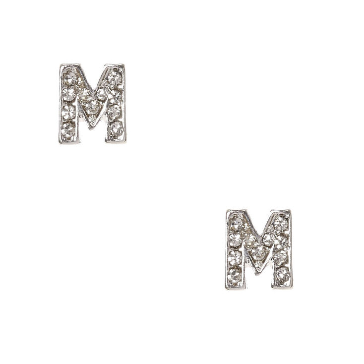 Silver Tone Faux Crystal Initial "M" Stud Earrings,
