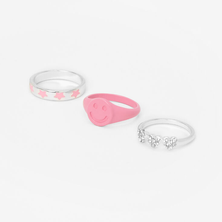 Pink Happy Face Ring Set - 3 Pack,