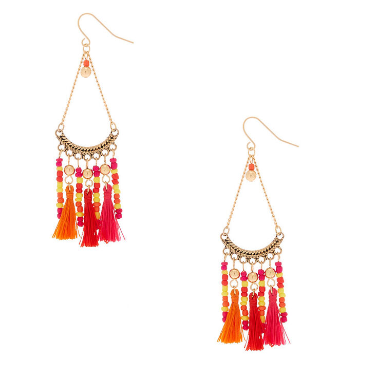 Silver 3" Beaded Tassel Drop Earrings - Orange,