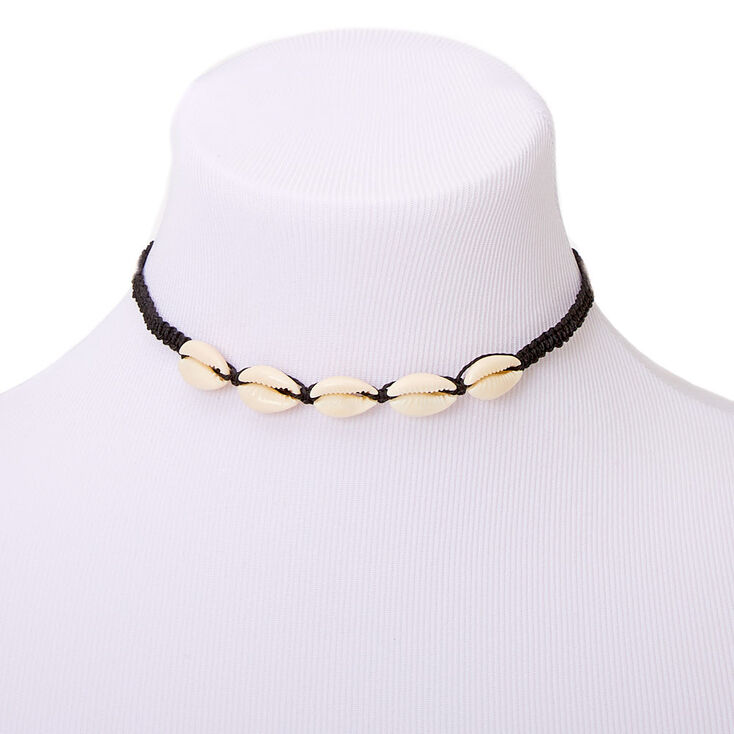 Cowrie Shell Woven Choker Necklace - Black,